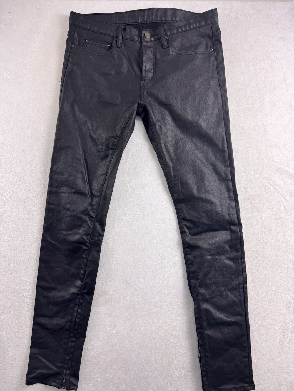 MNML Waxed Denim Jeans Sz 32 Skinny Leather-Like Coated Sheen Tan Patch EUC Mens